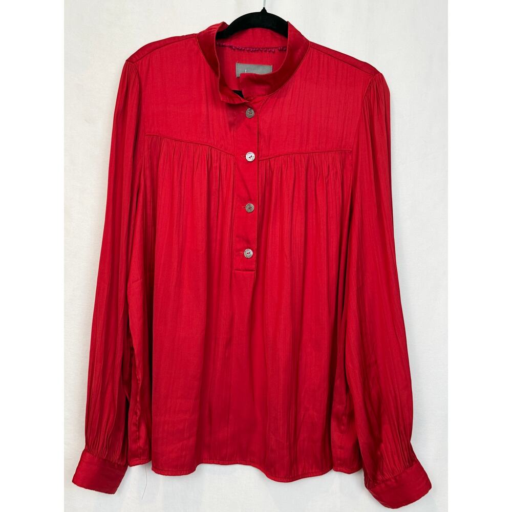 By Anthropologie Red Pleated Bishop Sleeve Blouse Band Collar Pompom Trim XL